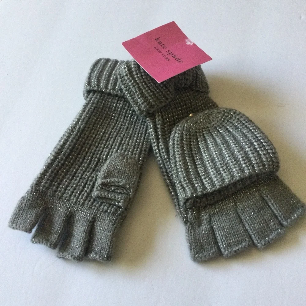 KATE SPADE METALLIC BOW POP TOP CONVERTIBLE MITTENS FINGERLESS GLOVES GRAY NWT